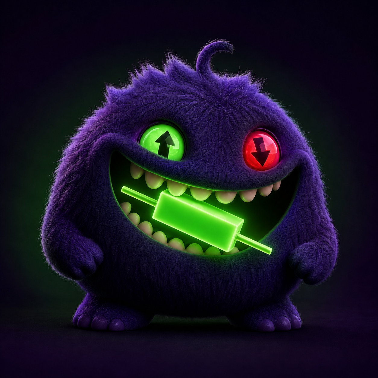 Chompwick, a purple chart gremlin biting a glowing green candle